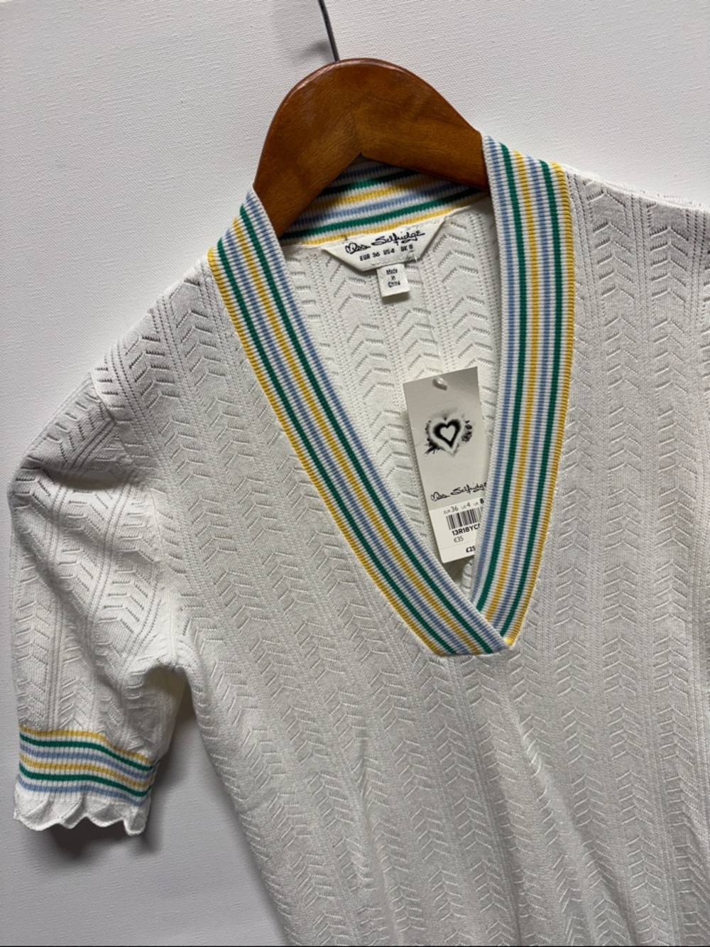 Miss Selfridge White V-Neck Knit Top with Green, Yellow & Blue Stripe Trim